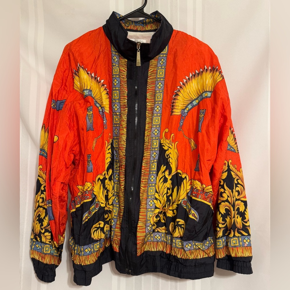 Vintage Windbreaker Adolfo Sport 80's 90's Red Scroll Native American Headress